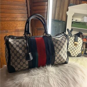 Gucci Beige Monogram Travel Bag with Navy, Red & Green Stripe